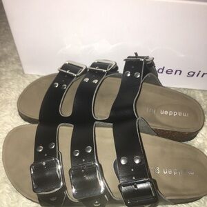 Madden Girl Ella Black‎ Triple Buckle Slide Sandals Size 7M